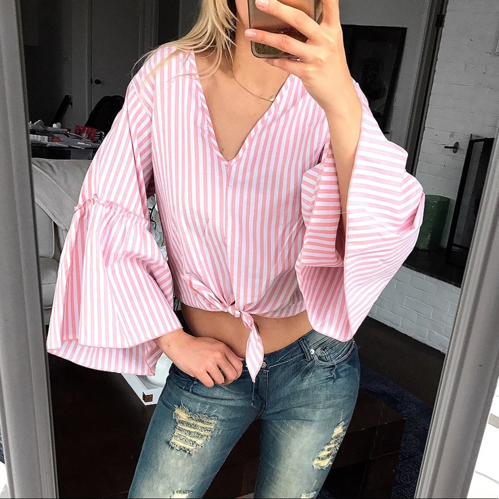 White Peach Stripe Bell Sleeve Wrap Top - Picture 1 of 8